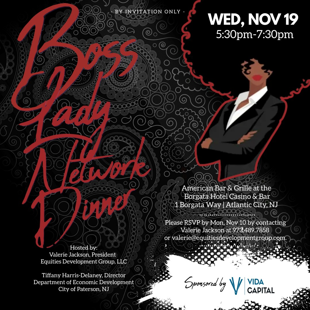 Original Boss Lady Network dinner invitation, featuring a woman in a business suit on a black and red design